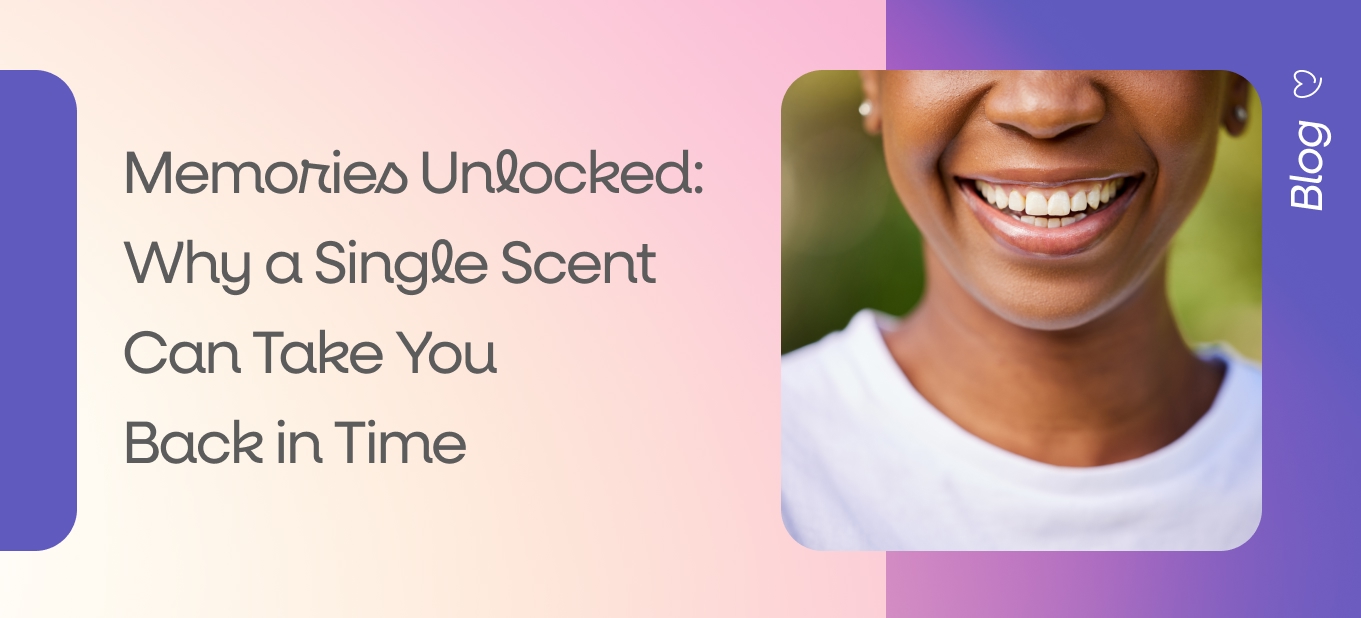 Smiling woman outdoors on a pastel gradient banner for the Dear Me article about how scents unlock memories